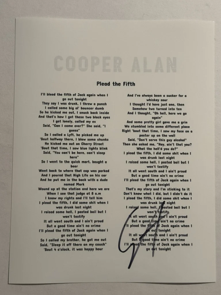 COOPER ALAN SIGNED LYRIC SHEET AUTOGRAPHED COUNTRY SINGER STAR COA