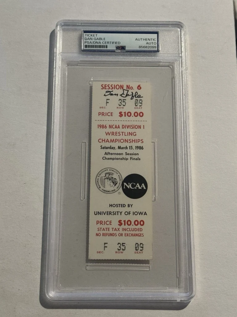 DAN GABLE SIGNED Vintage 1986 Iowa Hawkeyes Wrestling NCAA CHAMPS Ticket PSA