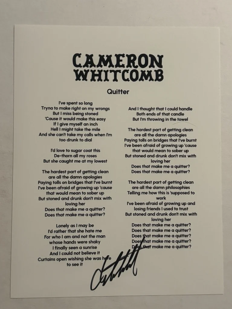 CAMERON WHITCOMB HAND SIGNED QUITTER LYRIC SHEET AUTOGRAPHED HOT SINGER RARE COA