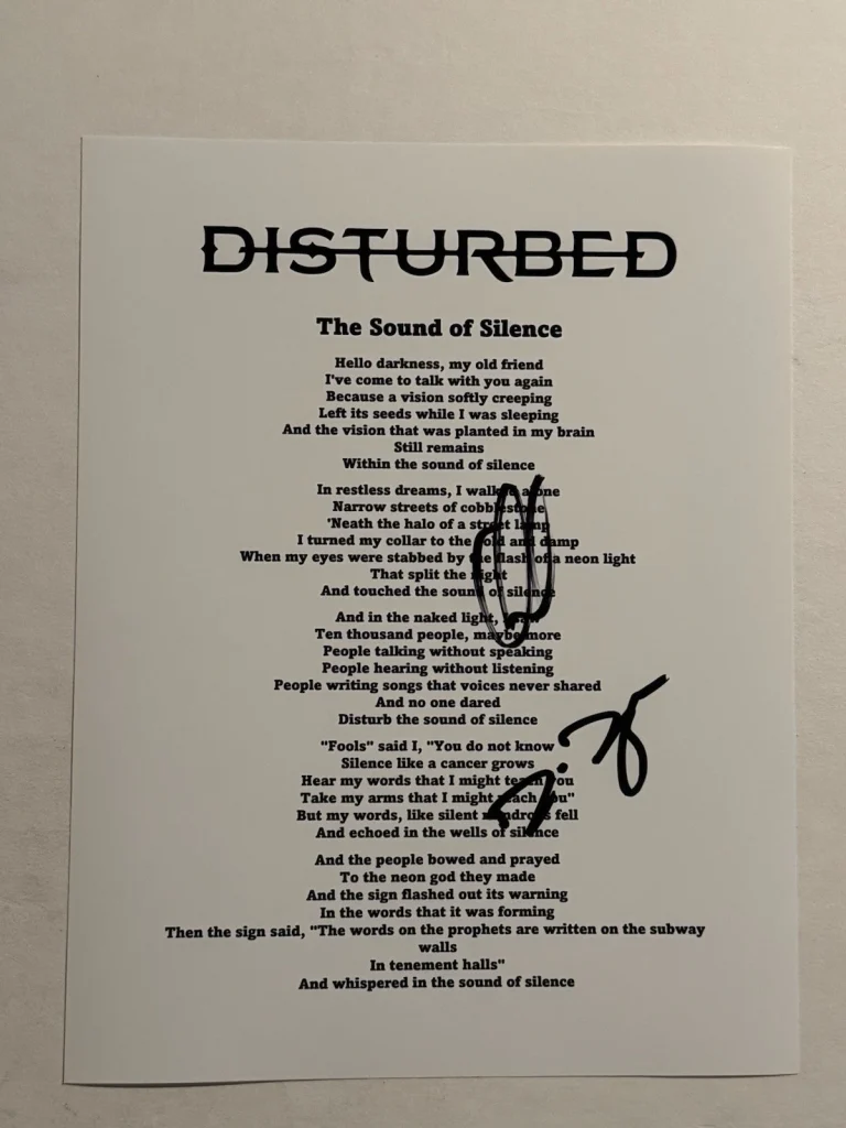 DAVID DRAIMAN & DAN DONEGAN SIGNED LYRIC SHEET AUTOGRAPHED DISTURBED BAND COA