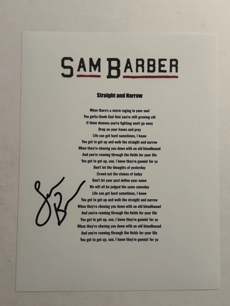 SAM BARBER SIGNED LYRIC SHEET AUTOGRAPHED STRAIGHT AND NARROW SINGER RARE COA