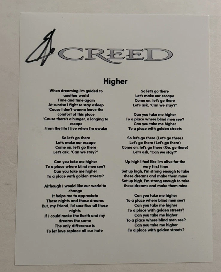 SCOTT STAPP SIGNED LYRIC SHEET AUTOGRAPHED CREED BAND LEAD SINGER RARE COA