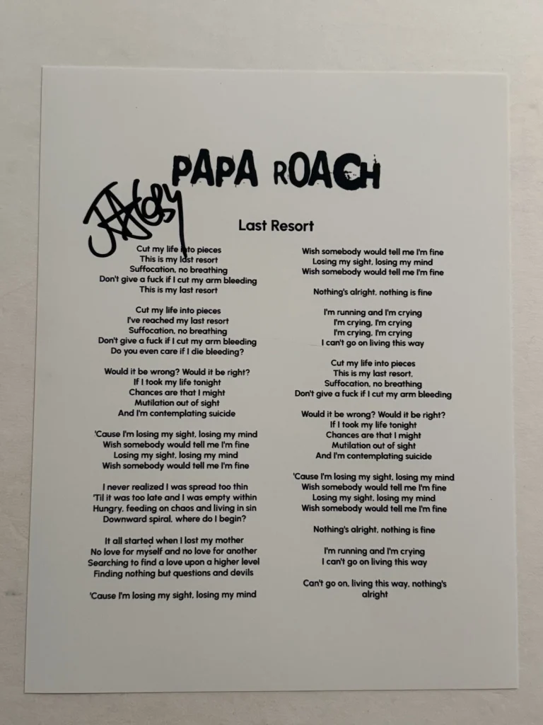 JACOBY SHADDIX SIGNED LYRIC SHEET AUTOGRAPHED PAPA ROACH BAND LEAD SINGER COA