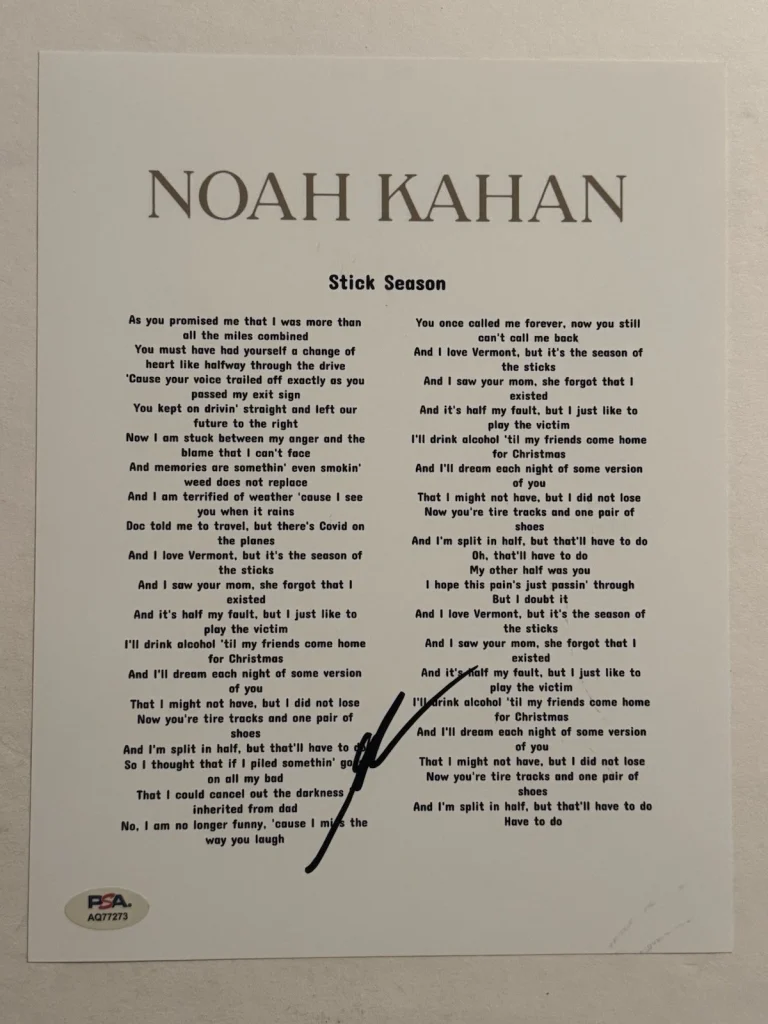 NOAH KAHAN SIGNED LYRIC SHEET AUTOGRAPHED STICK SEASON SINGER VERY RARE PSA COA