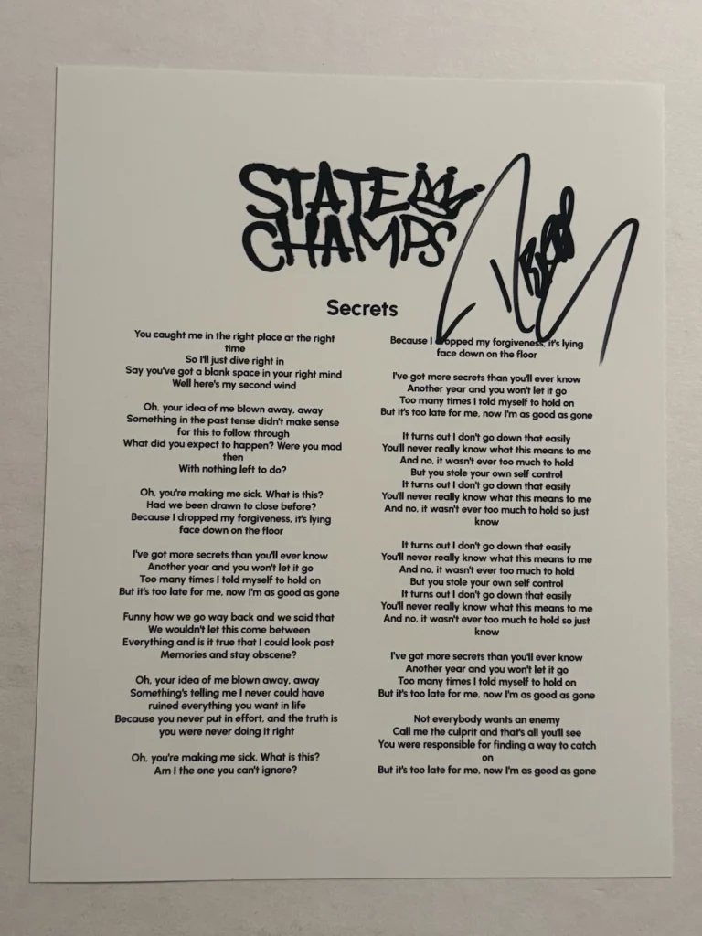 DEREK DISCANIO SIGNED LYRIC SHEET AUTOGRAPHED STATE CHAMPS BAND LEAD SINGER COA