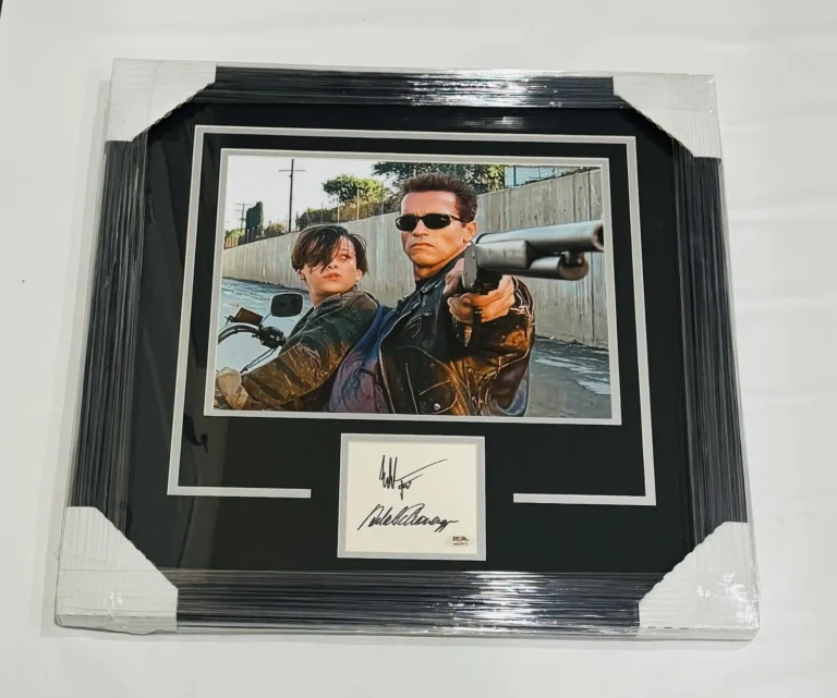 ARNOLD SCHWARZENEGGER & EDWARD FURLONG SIGNED FRAMED TERMINATOR DISPLAY PSA COA