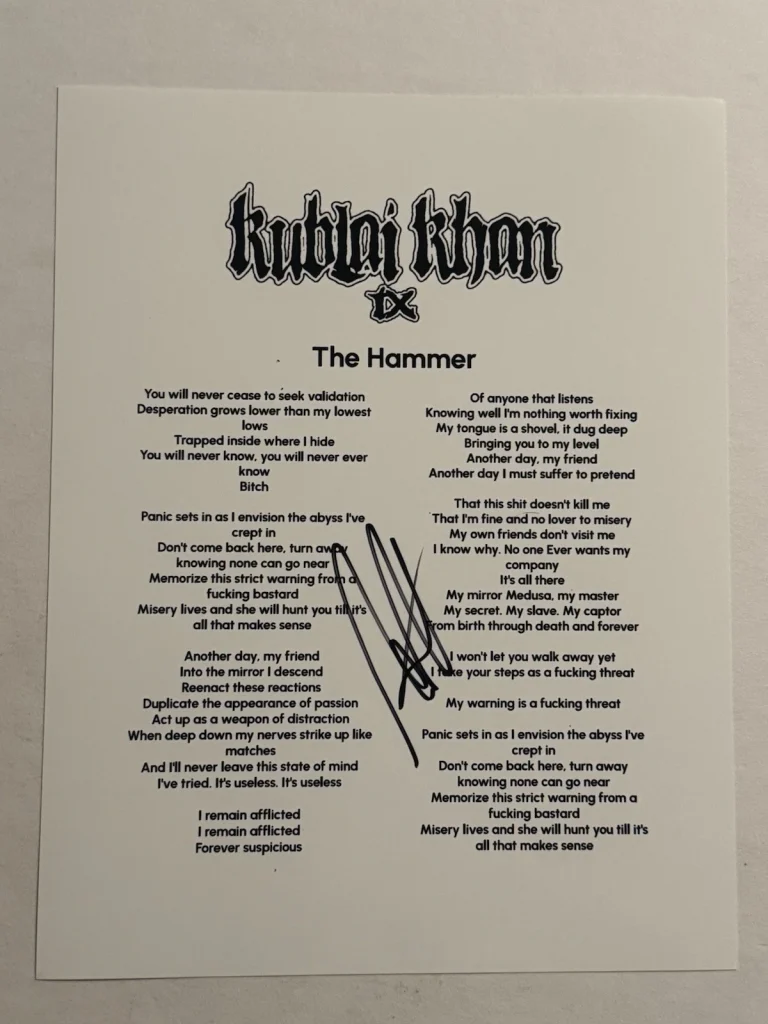 MATT HONEYCUTT SIGNED LYRIC SHEET AUTOGRAPHED KUBLAI KHAN TX BAND SINGER COA