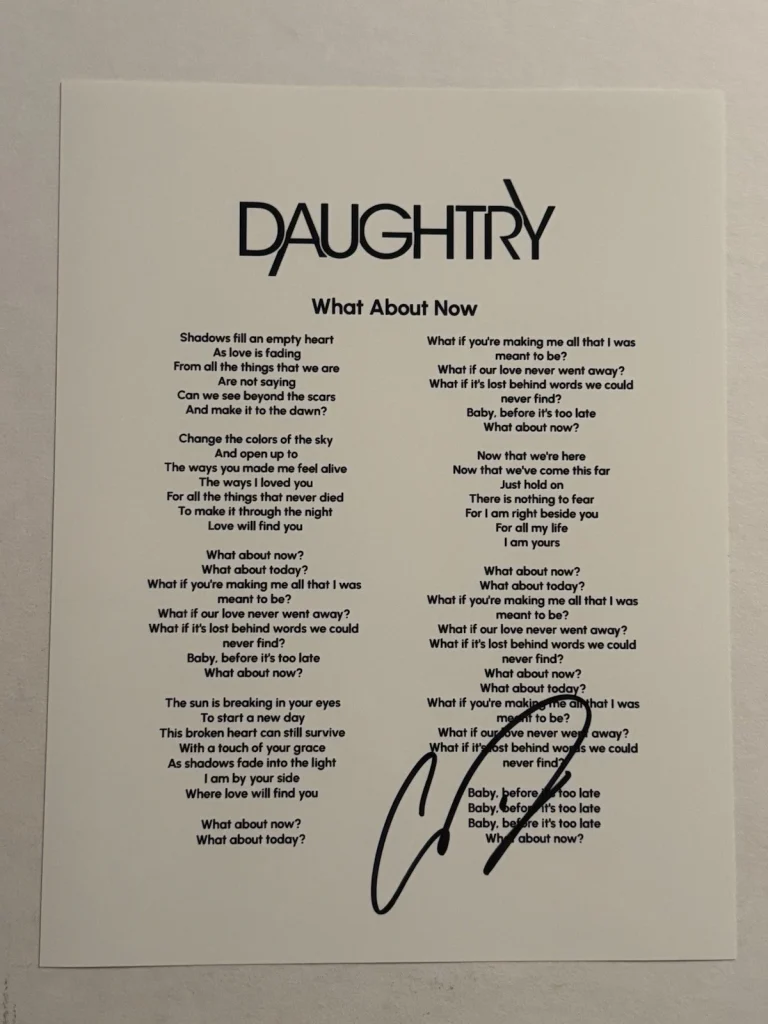 CHRIS DAUGHTRY HAND SIGNED LYRIC SHEET AUTOGRAPHED DAUGHTRY BAND SINGER COA