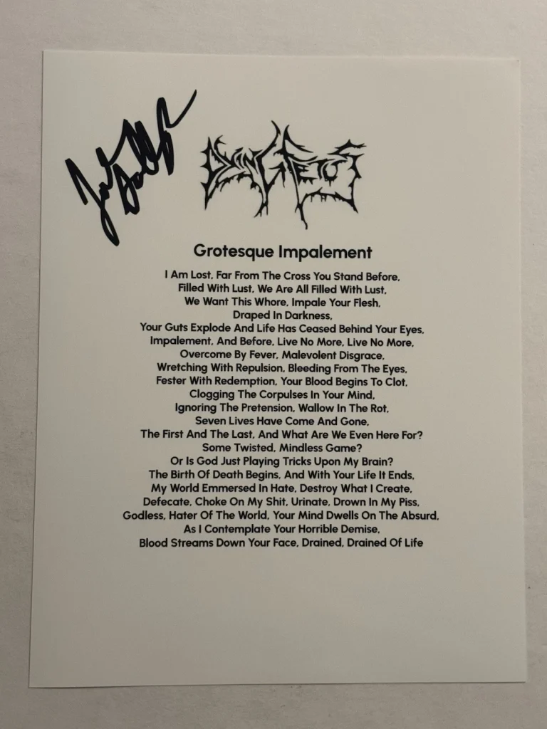 JOHN GALLAGHER HAND SIGNED LYRIC SHEET AUTOGRAPHED DYING FETUS BAND SINGER COA