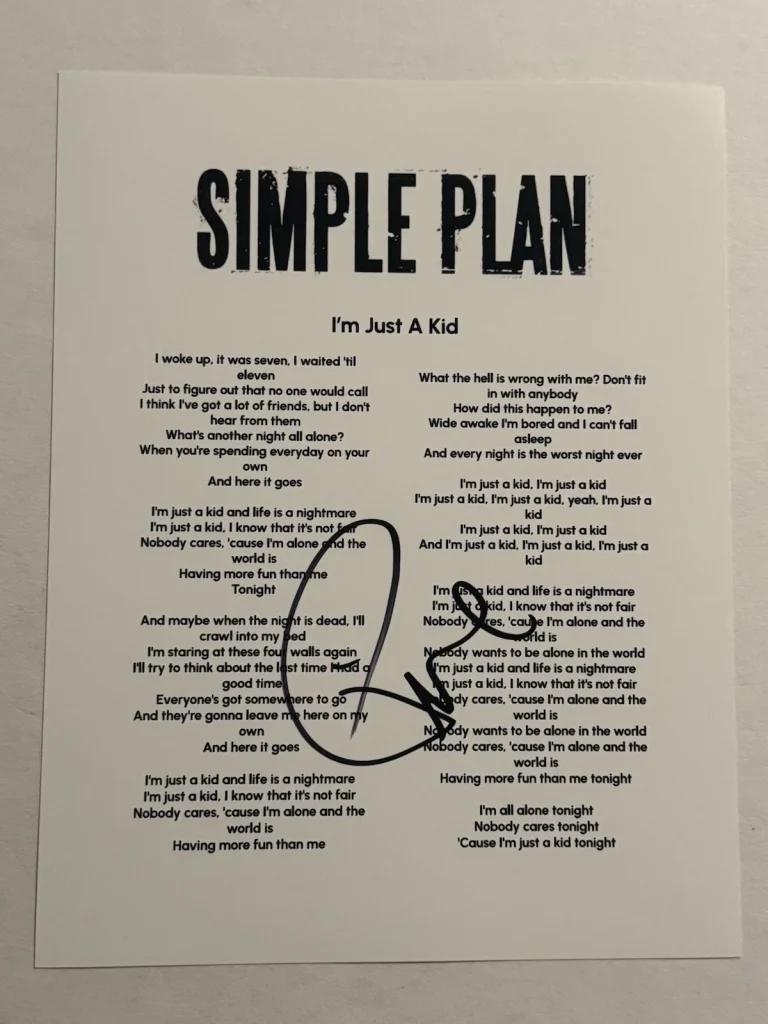 PIERRE BOUVIER SIGNED LYRIC SHEET AUTOGRAPHED SIMPLE PLAN BAND LEAD SINGER COA