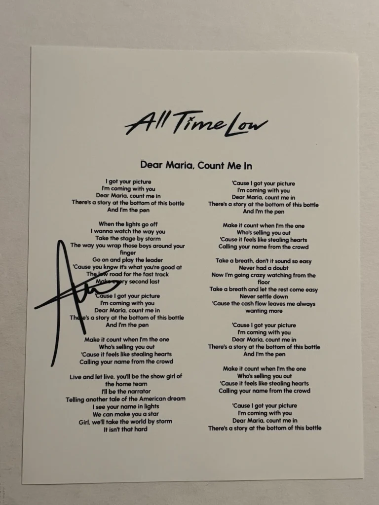ALEX GASKARTH SIGNED LYRIC SHEET AUTOGRAPHED ALL TIME LOW BAND LEAD SINGER COA