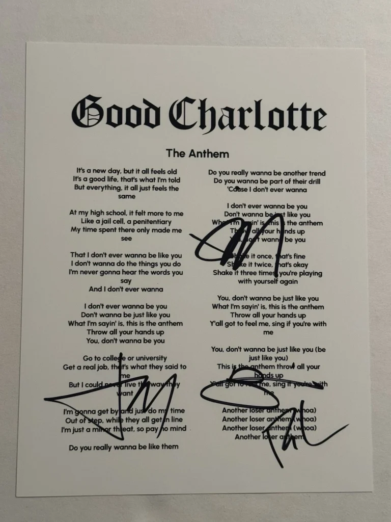 GOOD CHARLOTTE FULL BAND SIGNED LYRIC SHEET AUTOGRAPHED BENJI & JOEL MADDEN COA