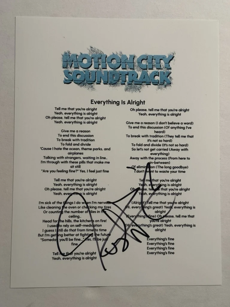 JUSTIN COURTNEY PIERRE SIGNED LYRIC SHEET MOTION CITY SOUNDTRACK BAND SINGER COA