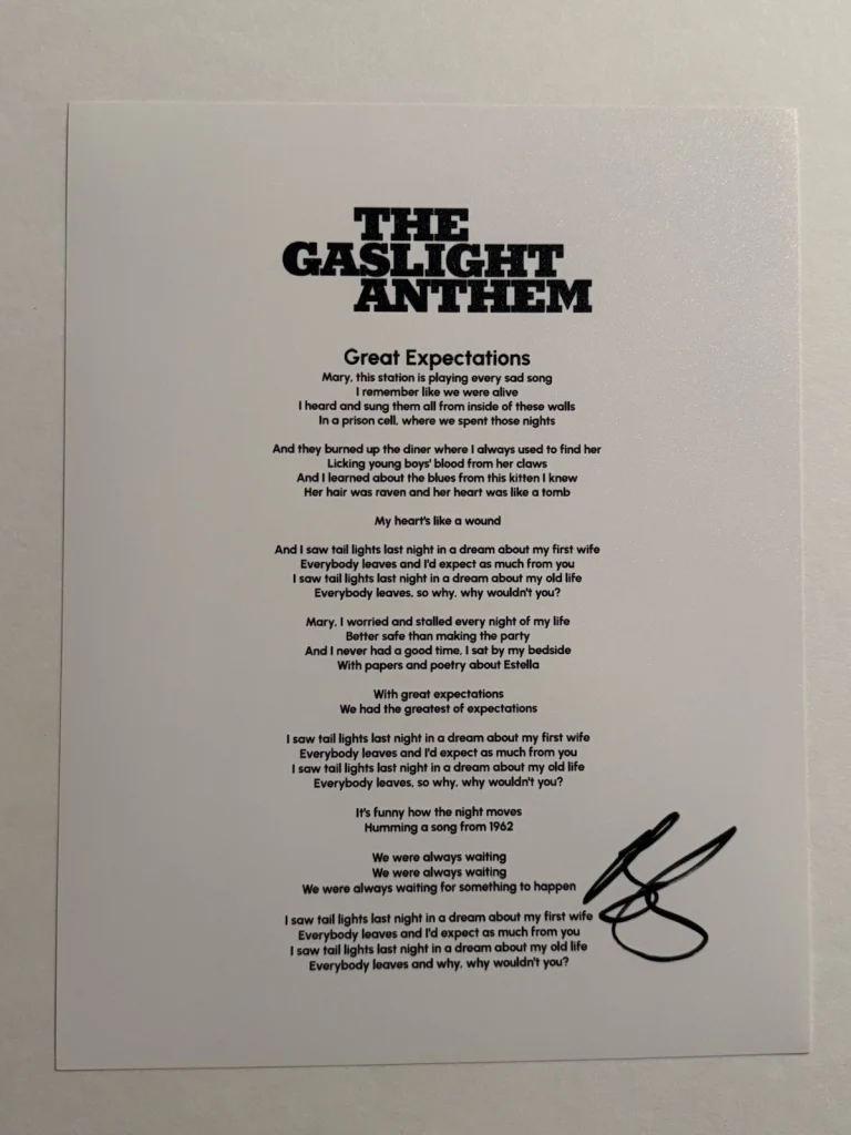 BRIAN FALLON SIGNED LYRIC SHEET AUTOGRAPHED THE GASLIGHT ANTHEM BAND SINGER COA