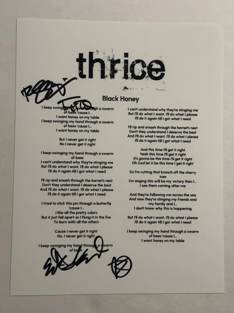 THRICE FULL BAND SIGNED LYRIC SHEET AUTOGRAPHED DUSTIN KENSRUE RARE COA