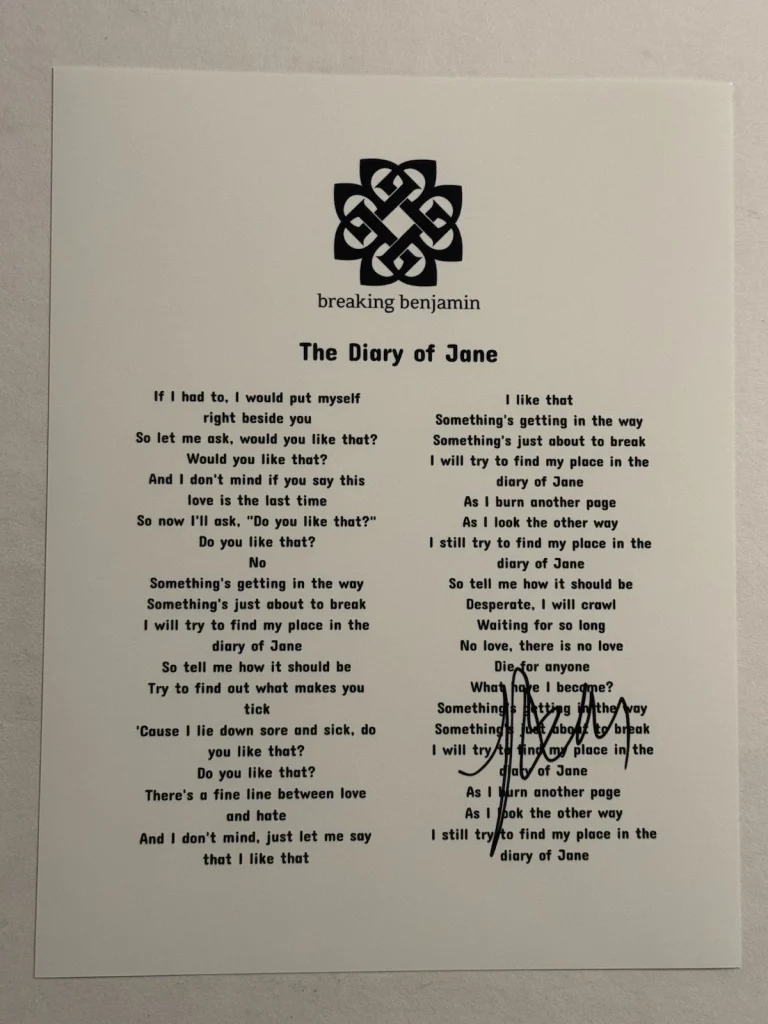BEN BURNLEY SIGNED LYRIC SHEET AUTOGRAPHED BREAKING BENJAMIN BAND SINGER COA