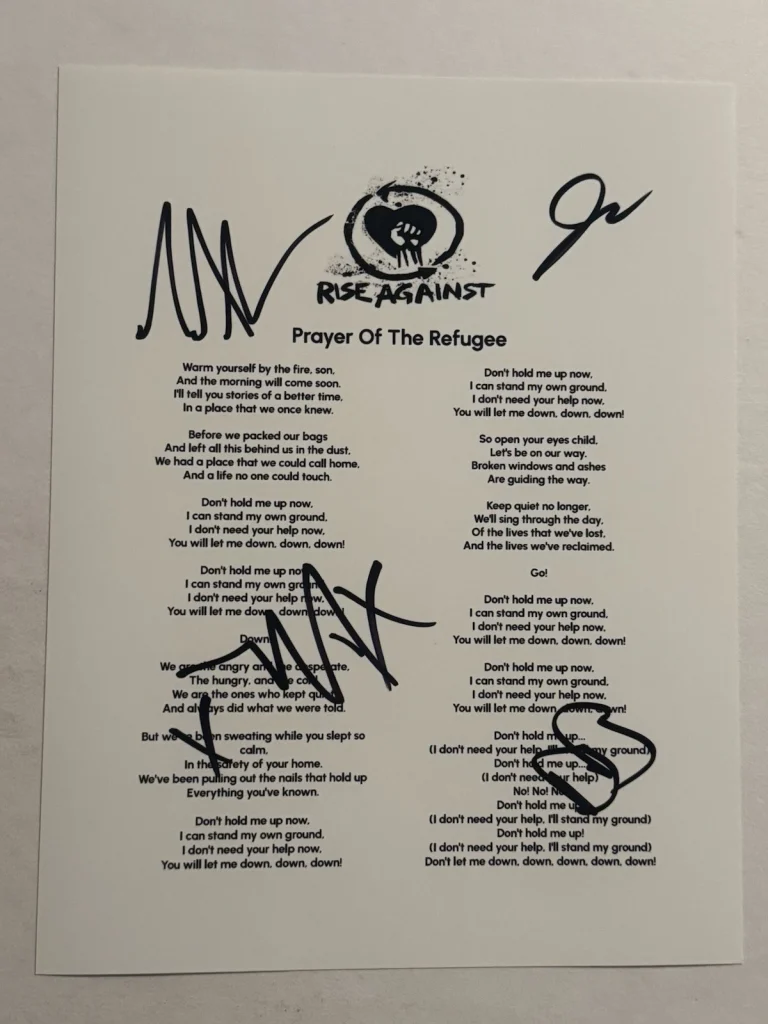 RISE AGAINST FULL BAND SIGNED LYRIC SHEET AUTOGRAPHED TIM MCILRATH RARE COA
