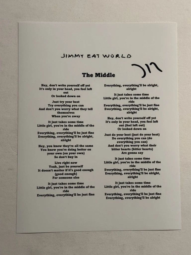 JIM ADKINS SIGNED LYRIC SHEET AUTOGRAPHED JIMMY EAT WORLD BAND LEAD SINGER COA