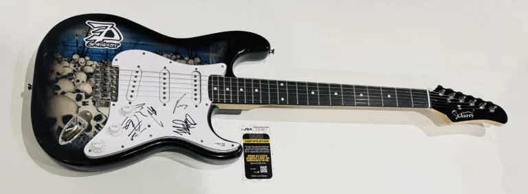 SEVENDUST SIGNED SKULL ELECTRIC GUITAR LAJON WITHERSPOON ALL 5 JSA COA