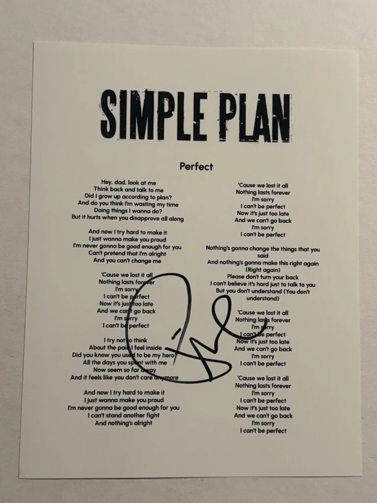 PIERRE BOUVIER SIGNED LYRIC SHEET AUTOGRAPHED SIMPLE PLAN BAND LEAD SINGER COA