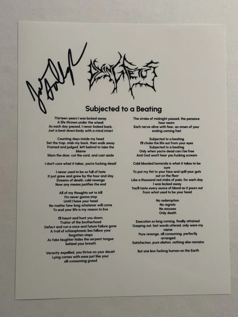 JOHN GALLAGHER HAND SIGNED LYRIC SHEET AUTOGRAPHED DYING FETUS BAND SINGER COA