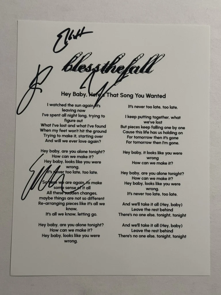 BLESSTHEFALL FULL BAND SIGNED LYRIC SHEET AUTOGRAPHED BEAU BOKAN RARE COA