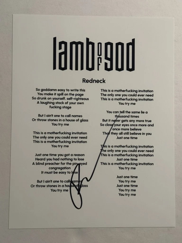RANDY BLYTHE SIGNED LYRIC SHEET AUTOGRAPHED LAMB OF GOD BAND LEAD SINGER COA