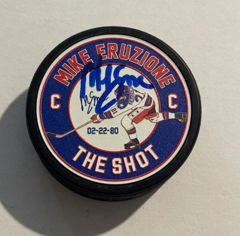 MIKE ERUZIONE SIGNED PUCK USA OLYMPICS HOCKEY AUTOGRAPHED MIRACLE ON ICE COA