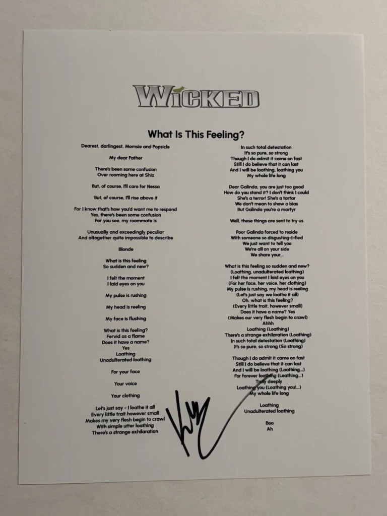 KRISTIN CHENOWETH SIGNED LYRIC SHEET AUTOGRAPHED WICKED BROADWAY PLAY RARE COA