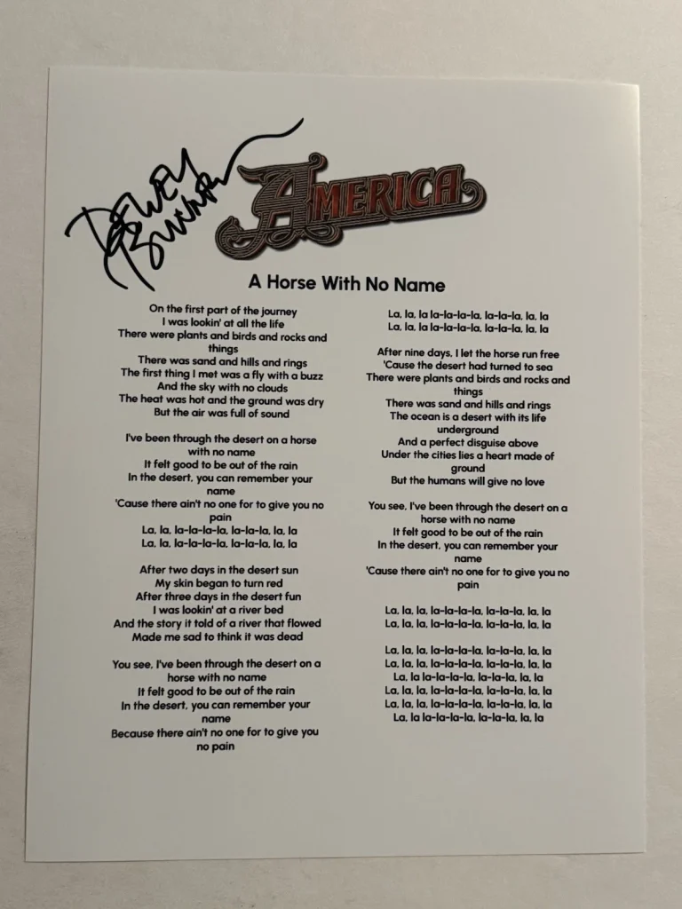 DEWEY BUNNELL HAND SIGNED LYRIC SHEET AUTOGRAPHED AMERICA BAND SINGER COA