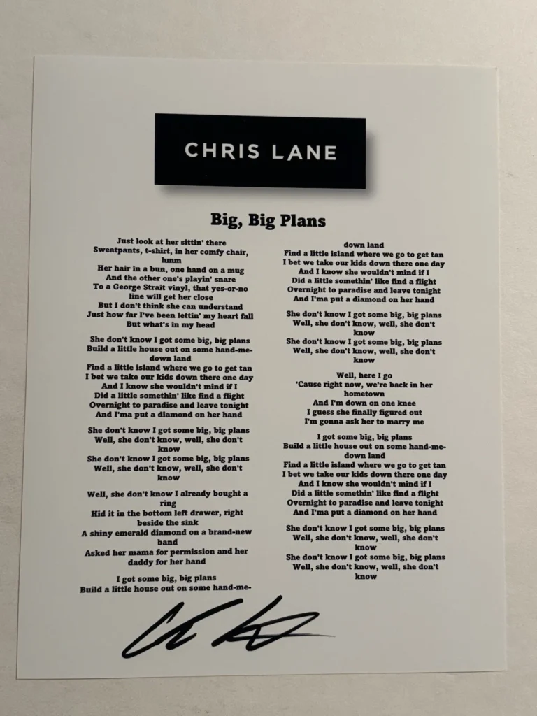 CHRIS LANE SIGNED LYRIC SHEET AUTOGRAPHED COUNTRY SINGER STAR RARE COA