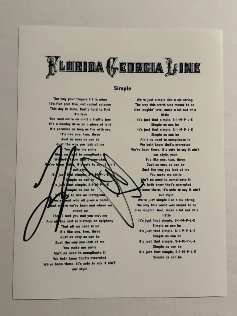 FLORIDA GEORGIA LINE SIGNED LYRIC SHEET AUTOGRAPHED TYLER HUBBARD & BK RARE COA