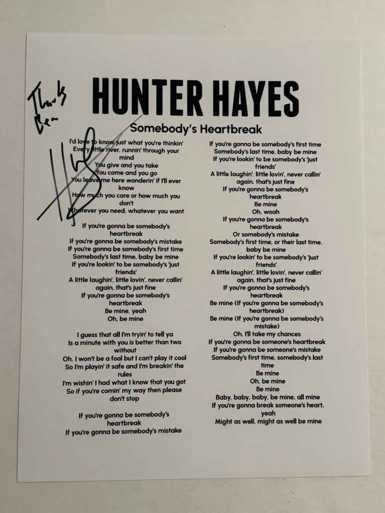 HUNTER HAYES SIGNED LYRIC SHEET AUTOGRAPHED COUNTRY SINGER STAR RARE COA
