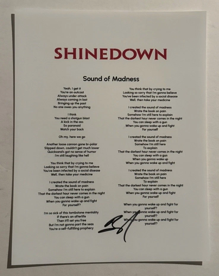 BRENT SMITH SIGNED LYRIC SHEET AUTOGRAPHED SHINEDOWN BAND LEAD SINGER COA