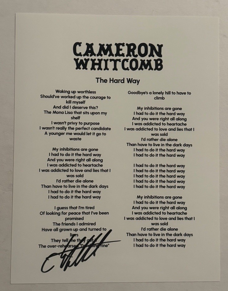 CAMERON WHITCOMB SIGNED THE HARD WAY LYRIC SHEET AUTOGRAPHED HOT SINGER RARE COA