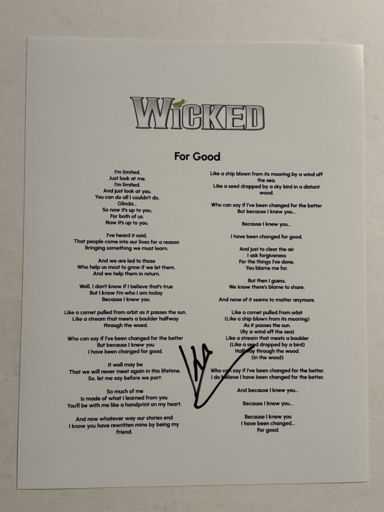 KRISTIN CHENOWETH SIGNED LYRIC SHEET AUTOGRAPHED WICKED BROADWAY PLAY RARE COA