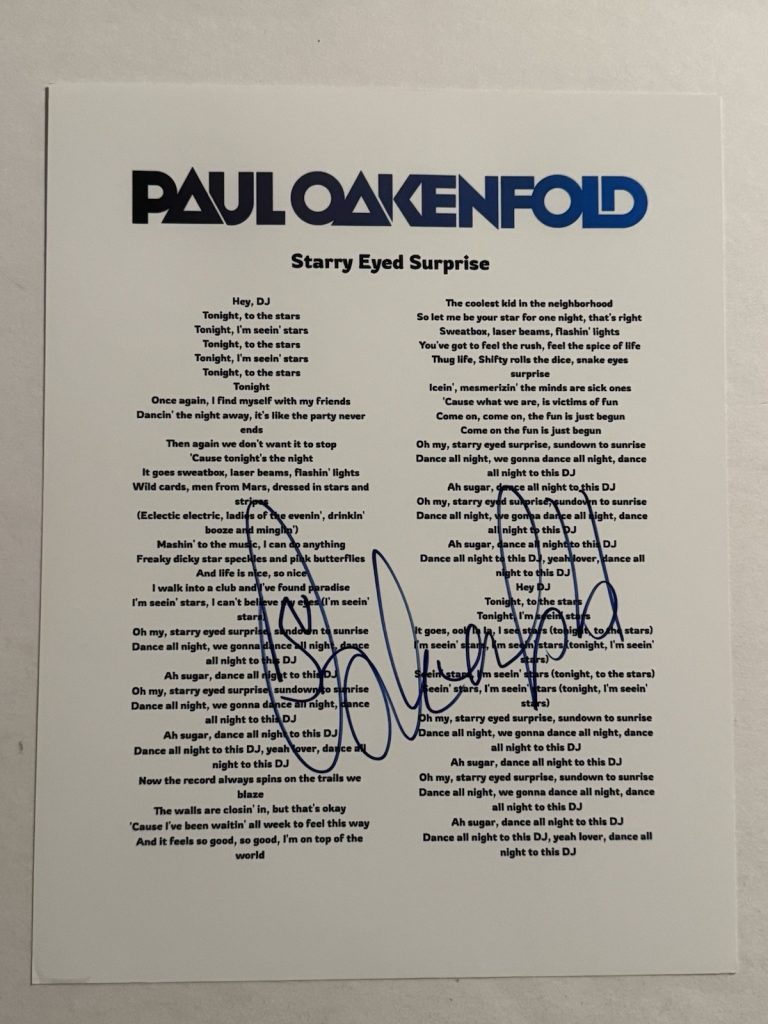 PAUL OAKENFOLD HAND SIGNED LYRIC SHEET AUTOGRAPHED DJ EDM STAR COA