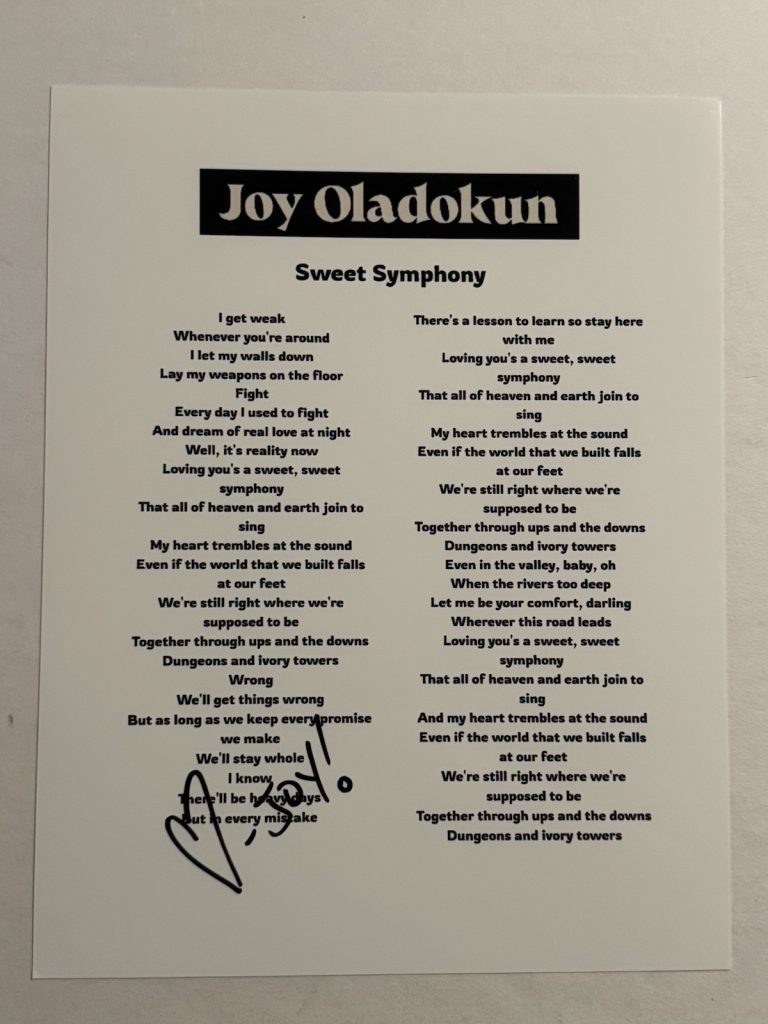 JOY OLADOKUN SIGNED LYRIC SHEET AUTOGRAPHED INDIE SINGER STAR RARE COA