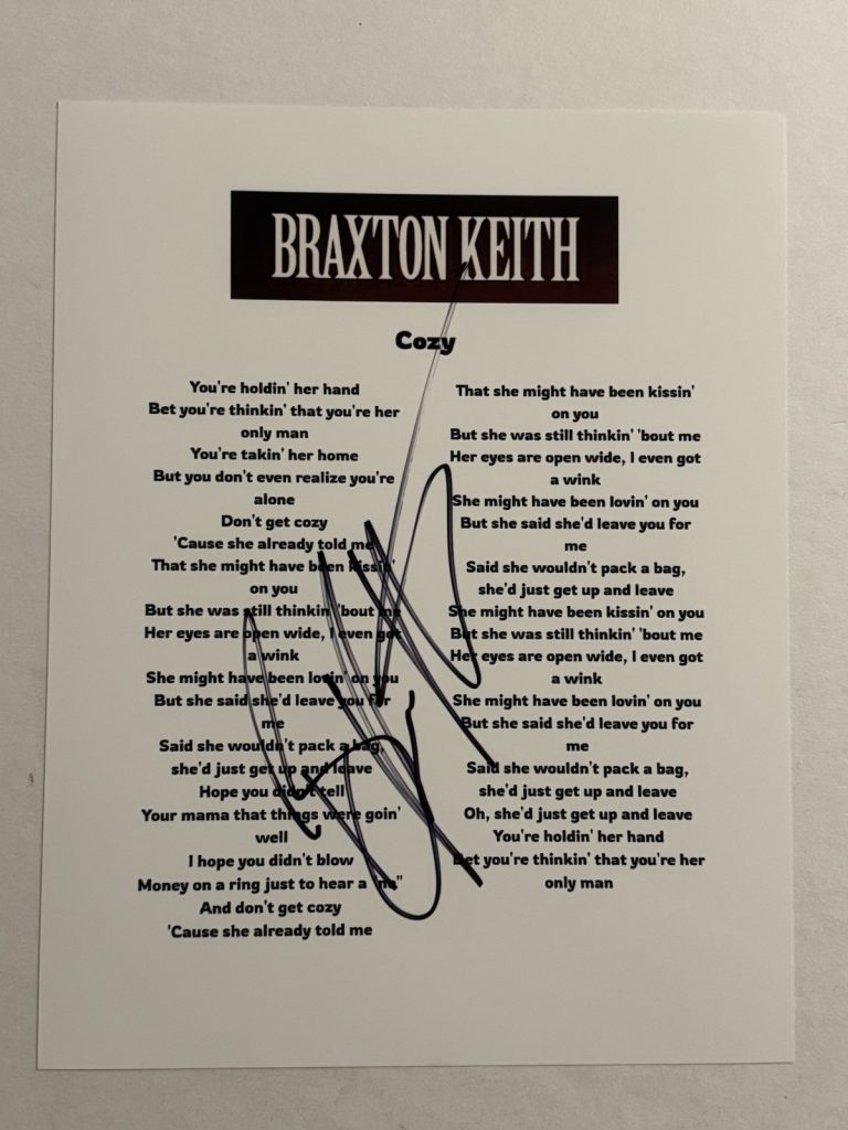 BRAXTON KEITH SIGNED LYRIC SHEET AUTOGRAPHED COUNTRY SINGER STAR RARE COA