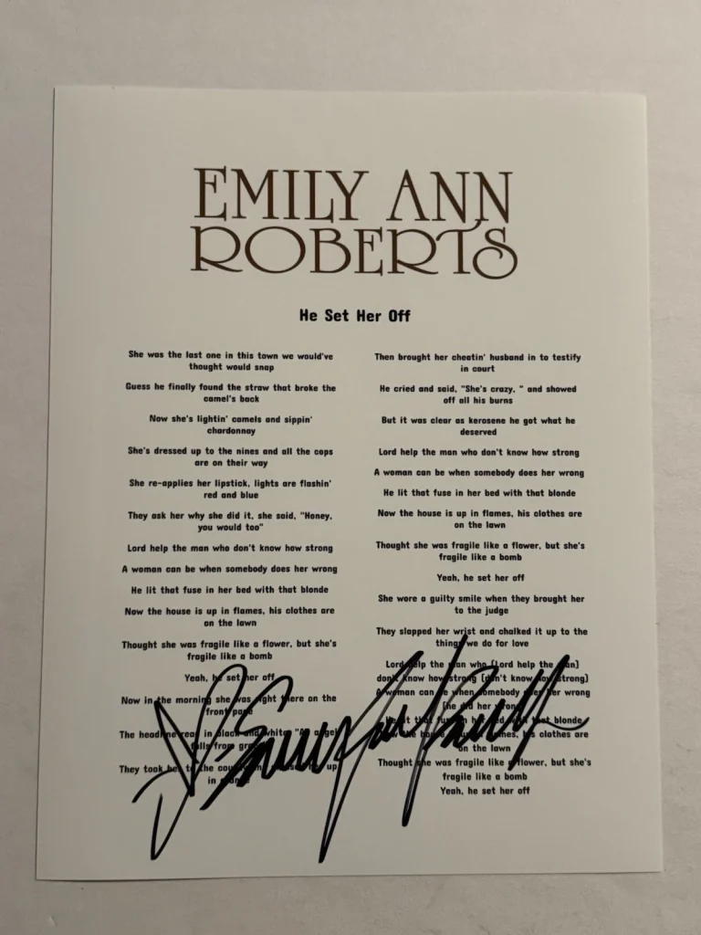 EMILY ANN ROBERTS SIGNED LYRIC SHEET AUTOGRAPHED COUNTRY SINGER STAR RARE COA