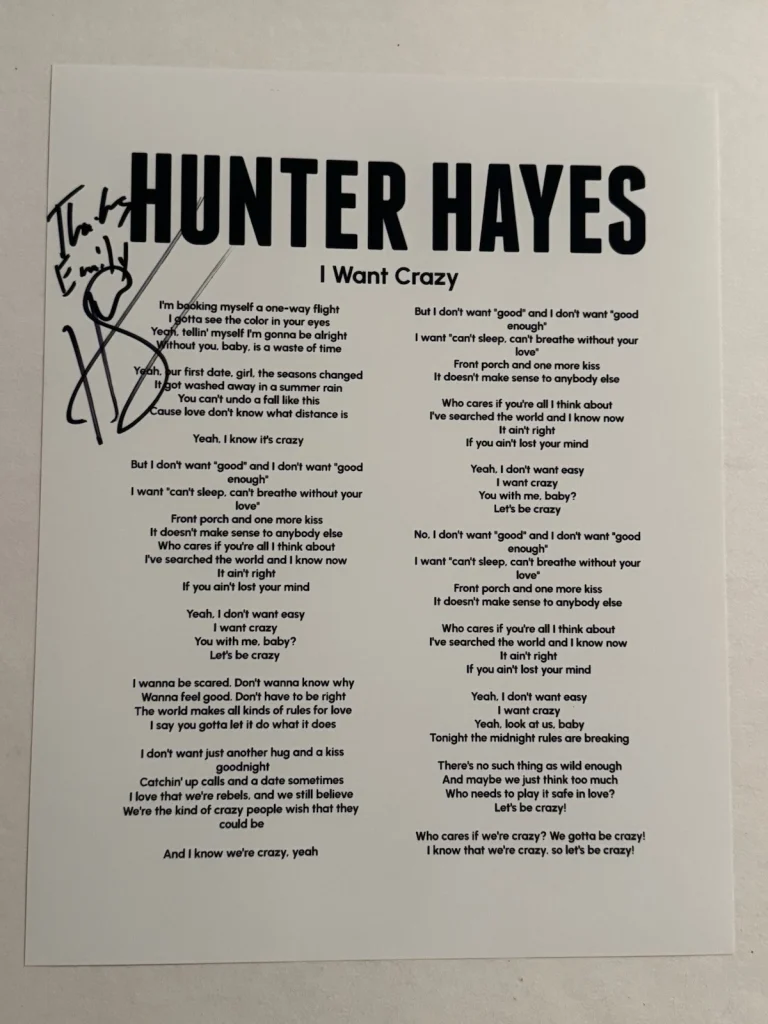 HUNTER HAYES SIGNED LYRIC SHEET AUTOGRAPHED COUNTRY SINGER STAR RARE COA