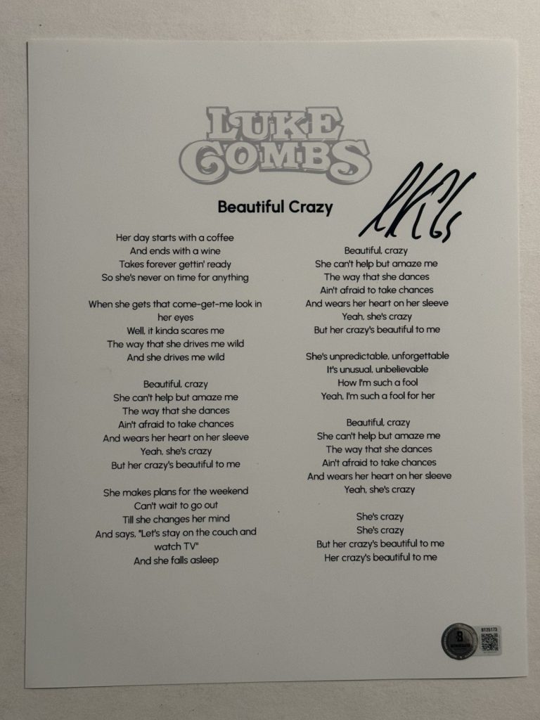 LUKE COMBS SIGNED LYRIC SHEET AUTOGRAPHED COUNTRY SINGER VERY RARE BAS COA