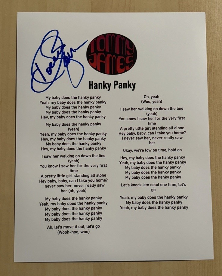 TOMMY JAMES SIGNED LYRIC SHEET AUTOGRAPHED TOMMY JAMES & THE SHONDELLS COA