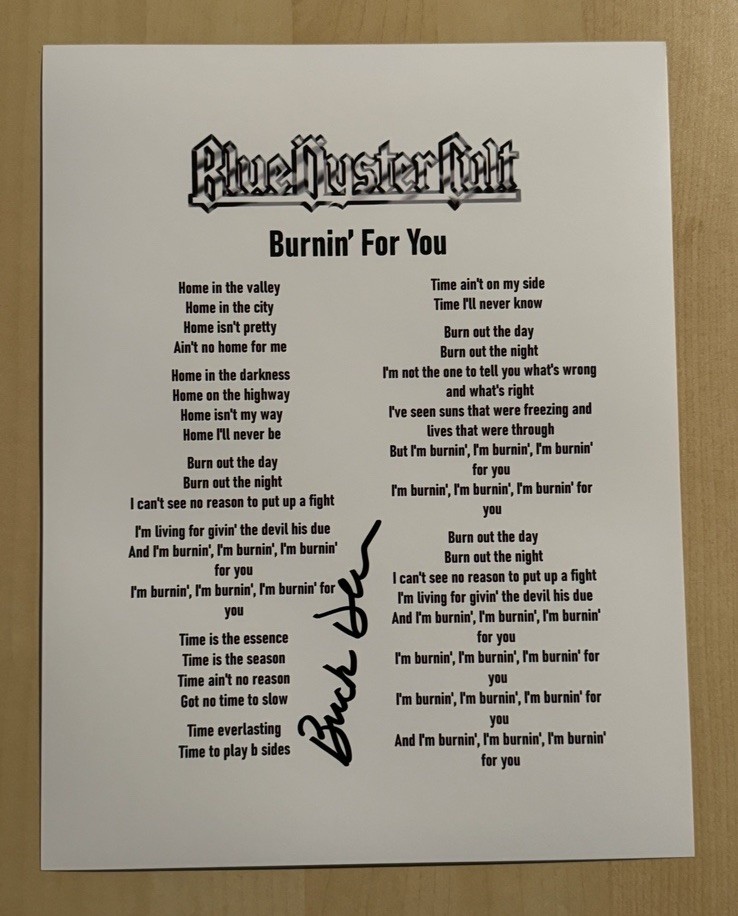 BUCK DHARMA HAND SIGNED LYRIC SHEET AUTOGRAPHED BLUE OYSTER CULT BAND SINGER COA