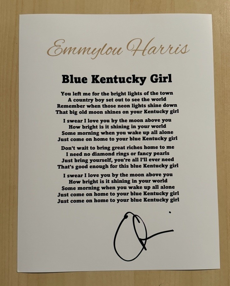 EMMYLOU HARRIS SIGNED LYRIC SHEET AUTOGRAPHED COUNTRY SINGER LEGEND RARE COA