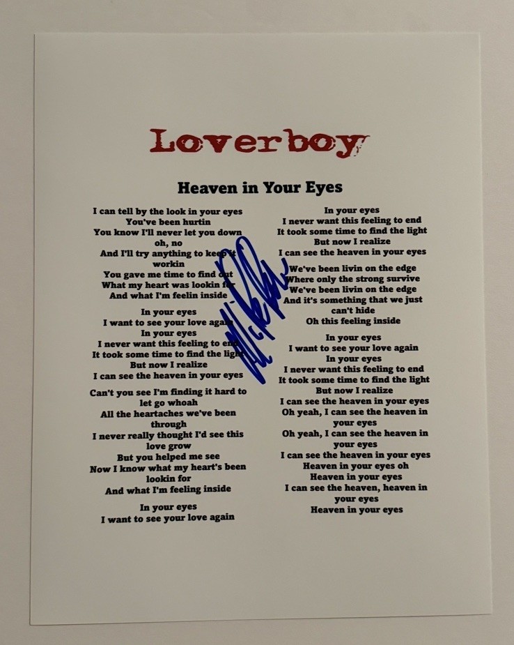 MIKE RENO SIGNED LYRIC SHEET AUTOGRAPHED LOVERBOY BAND LEAD SINGER RARE COA
