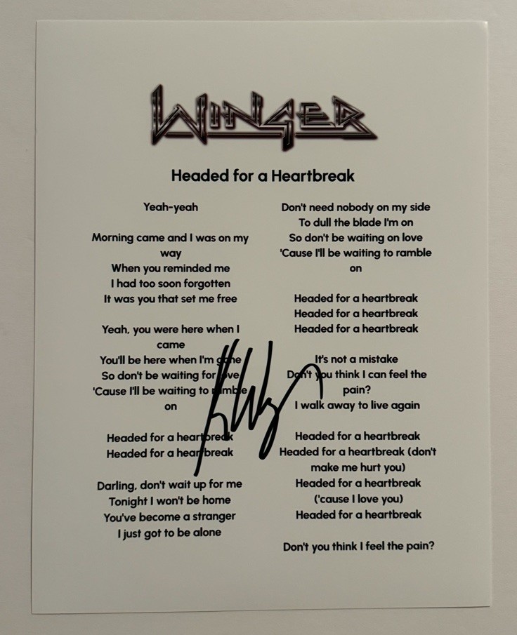 KIP WINGER SIGNED LYRIC SHEET AUTOGRAPHED WINGER BAND LEAD SINGER RARE COA