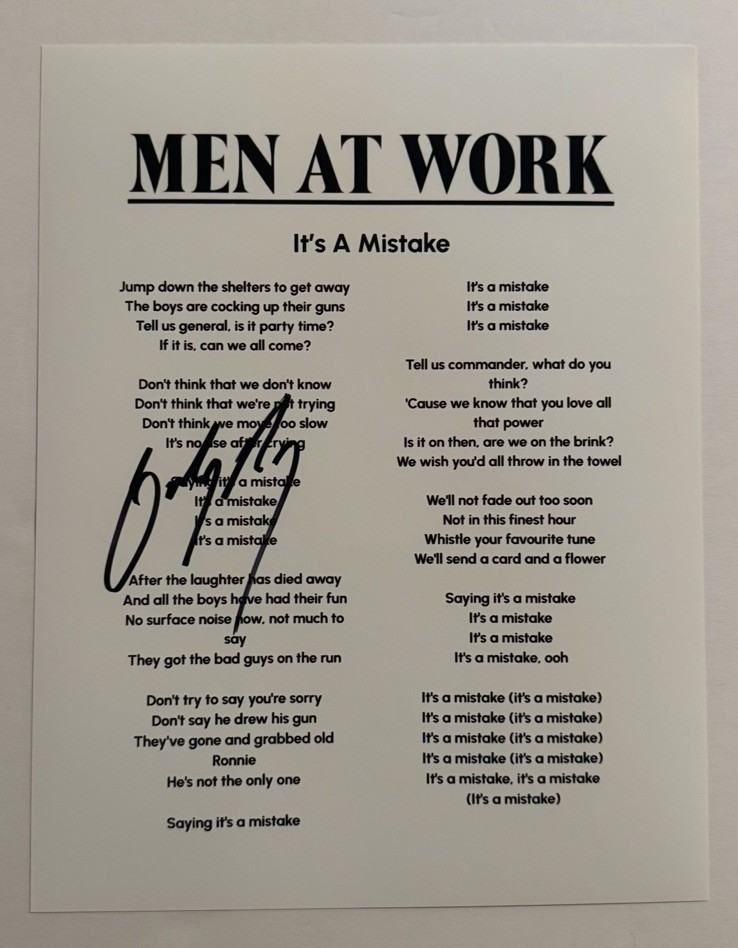 COLIN HAY SIGNED LYRIC SHEET AUTOGRAPHED MEN AT WORK BAND LEAD SINGER COA