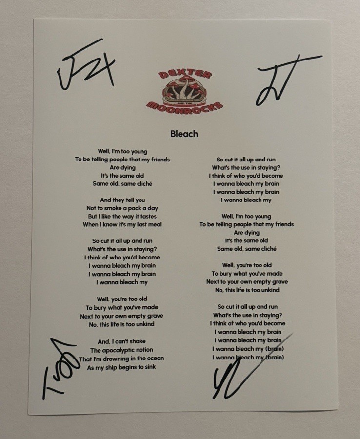 DEXTER AND THE MOONROCKS FULL BAND SIGNED LYRIC SHEET AUTOGRAPHED ROCK BAND COA