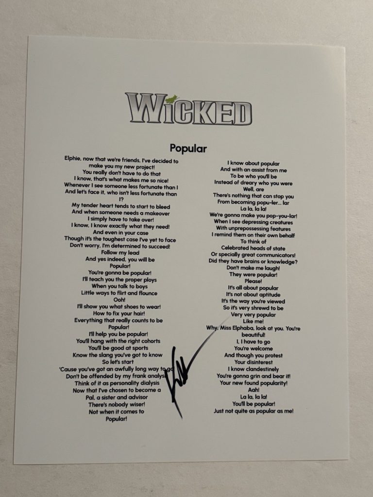 KRISTIN CHENOWETH SIGNED LYRIC SHEET AUTOGRAPHED WICKED BROADWAY PLAY RARE COA